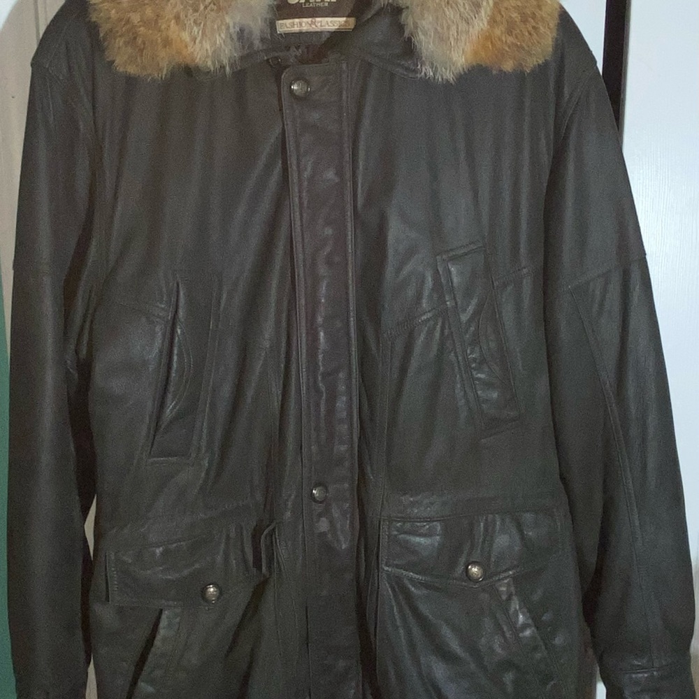 Vintage SAKI LEATHER Sweden Men Coat Jacket 48 (US 38) 90s M Y2K Fur Trim  AA07